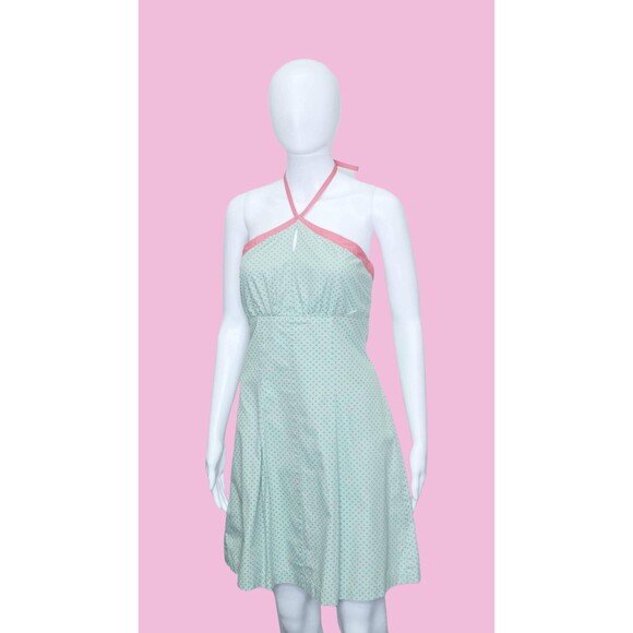 Y2K FOSSIL Blue POLKA DOT Halter Top Sleeveless Mini Dress W/Pink Trim.S. AS IS - Picture 3 of 9